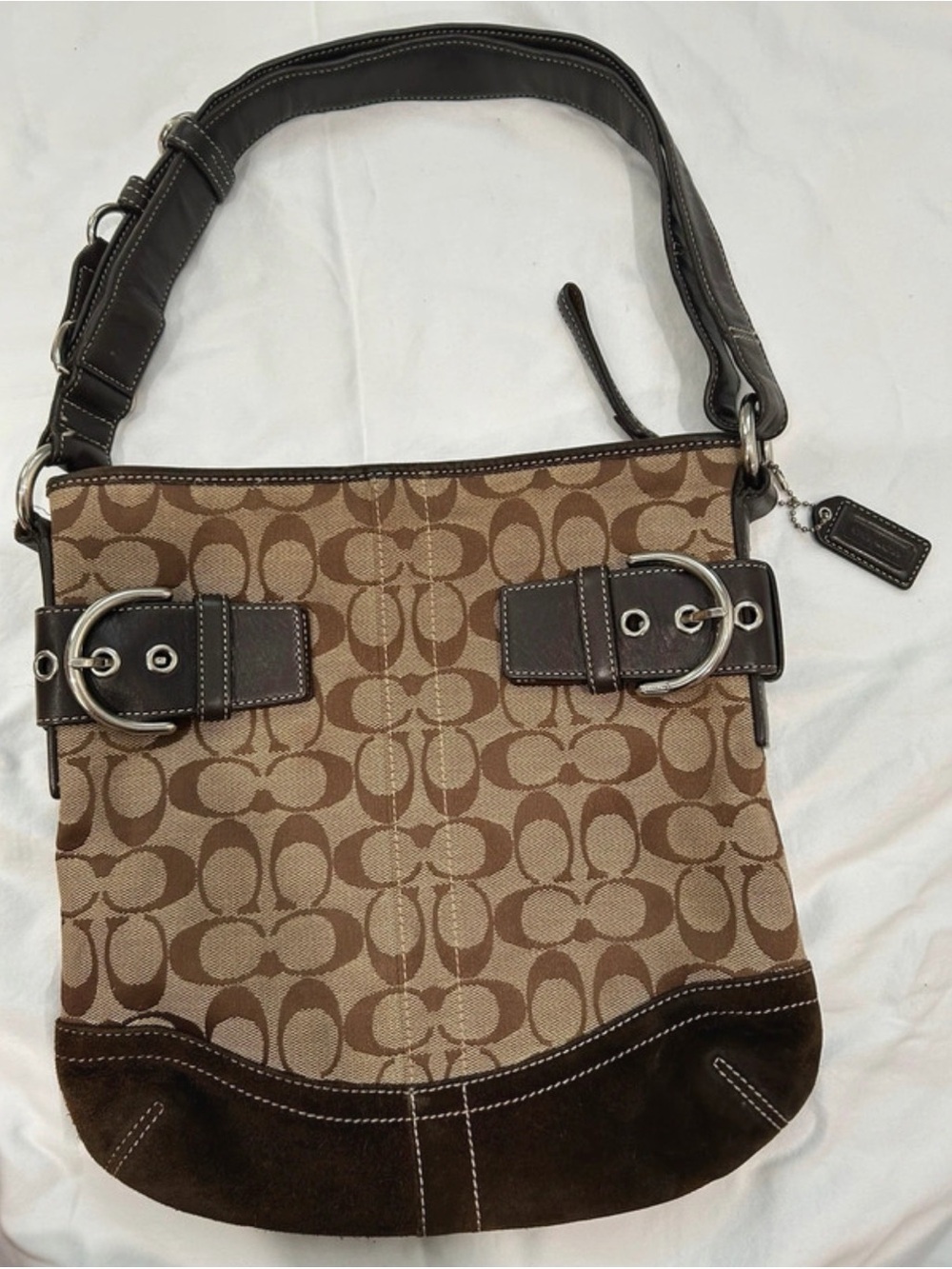 Coach Brown Signature Canvas Shoulder Bag with Dark Brown Trim